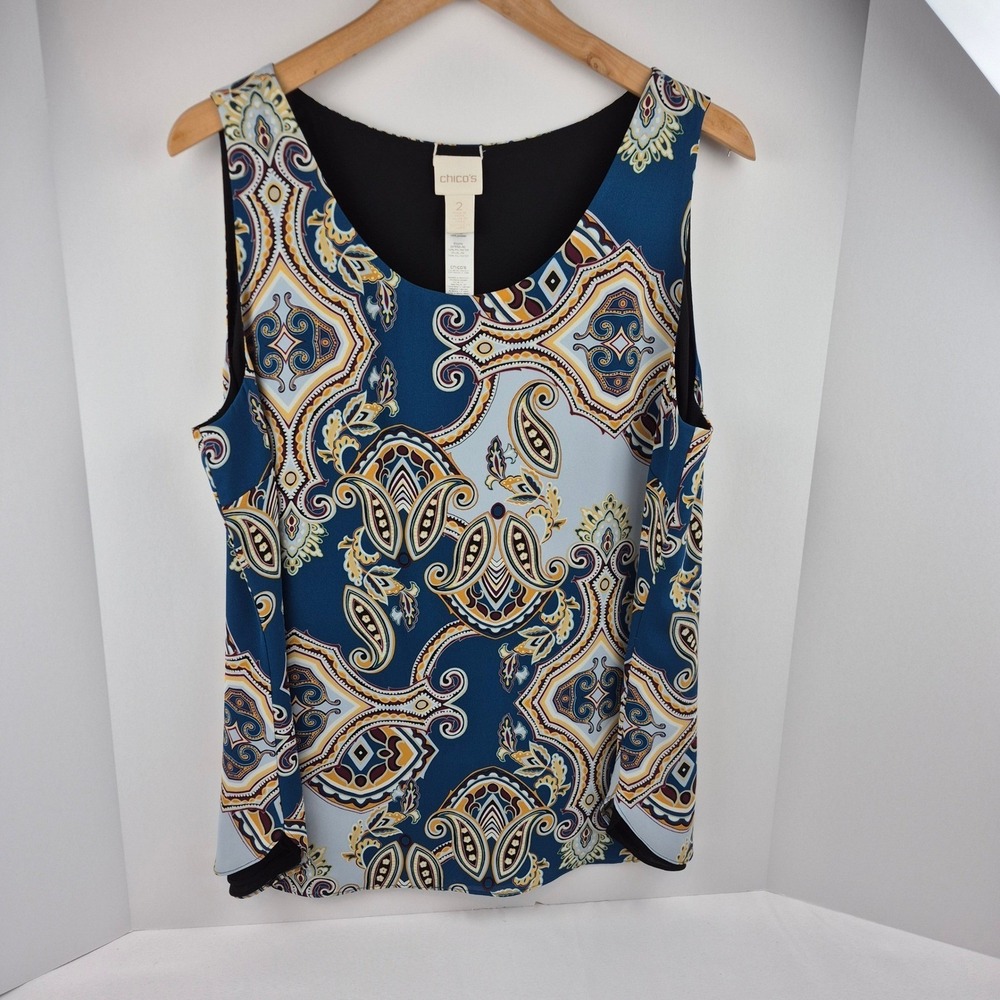 Chicos Size 2 Paisley Print Sleeveless Tank Top Blouse Women Blue Yellow Travel